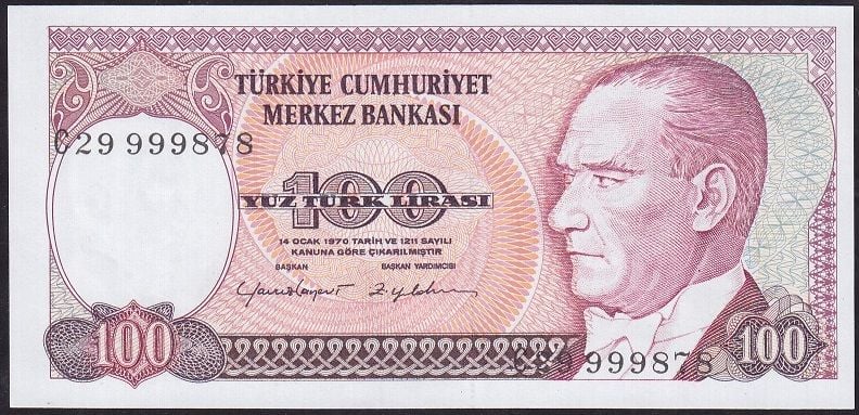 7.Emisyon 2.Tertip 100 Lira C29 999878 Çil