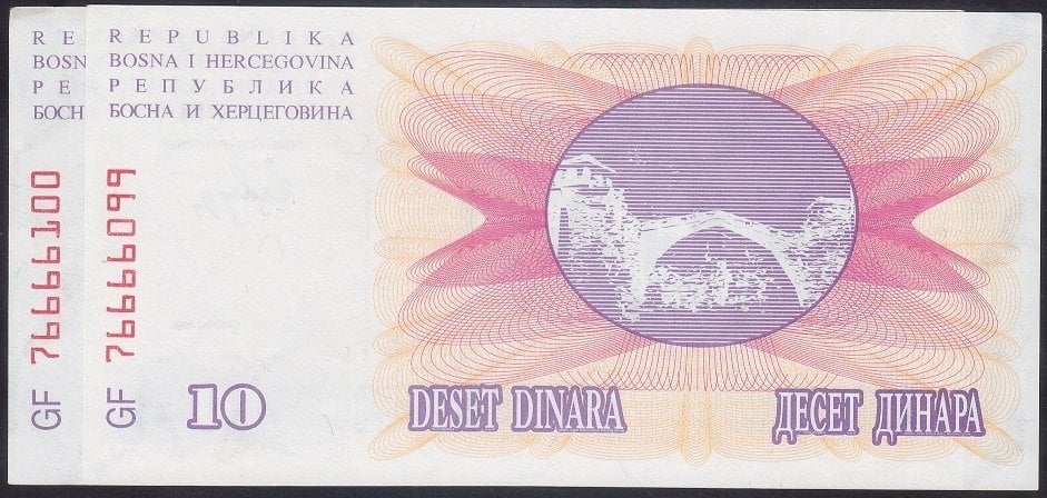 BOSNA HERSEK 10 DİNAR 1992 ÇİLALTI ÇİL SERİ TAKİPLİ 99 -- 00 2 ADET
