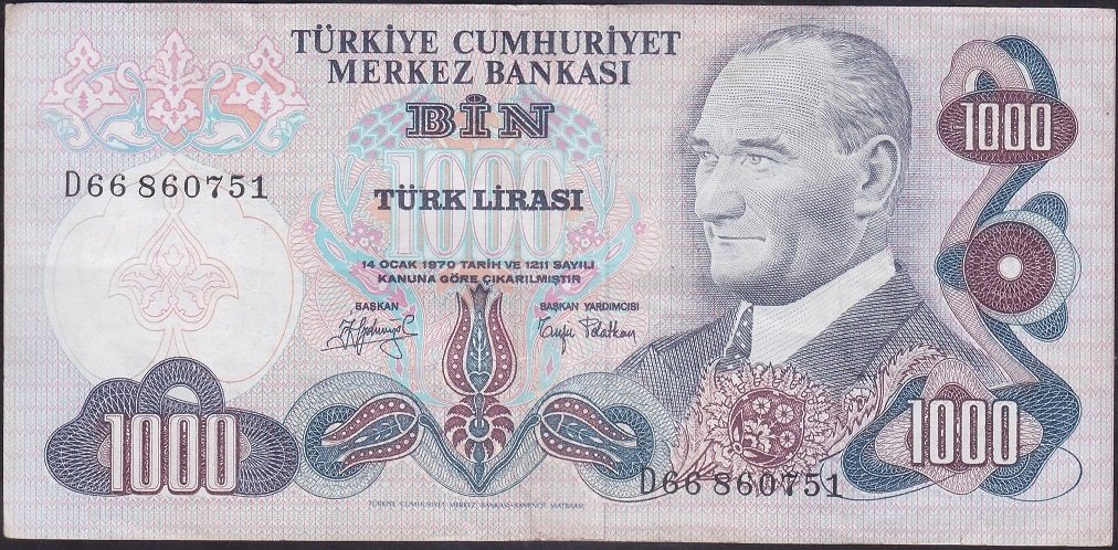 6.EMİSYON 2.TERTİP 1000 LİRA D66 860751 ÇOK TEMİZ +