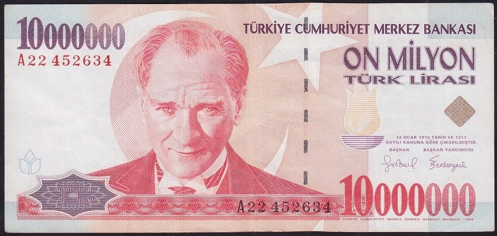 7.Emisyon 10000000 Lira A22 452634 Çok Temiz+