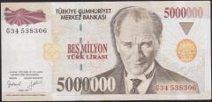 7.Emisyon 5.000.000 Lira G34 538306 Çok Çok Temiz+