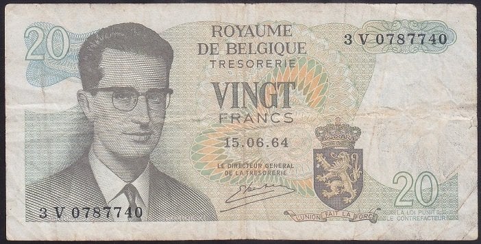 BELÇİKA 20 FRANK 1964 ÇOK TEMİZ