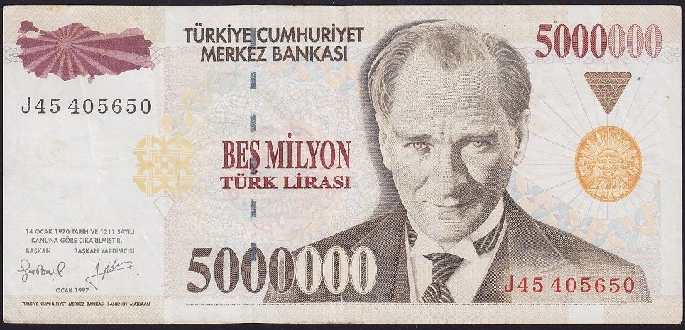 7.Emisyon 5 000 000 Lira J45 405650 Çok Temiz+