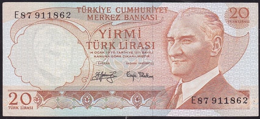 6.Emisyon 3.Tertip 20 Lira E87 911862 Çok Temiz+