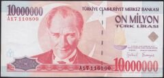 7.Emisyon 10000000 Lira A17 110800 Çok Temiz+