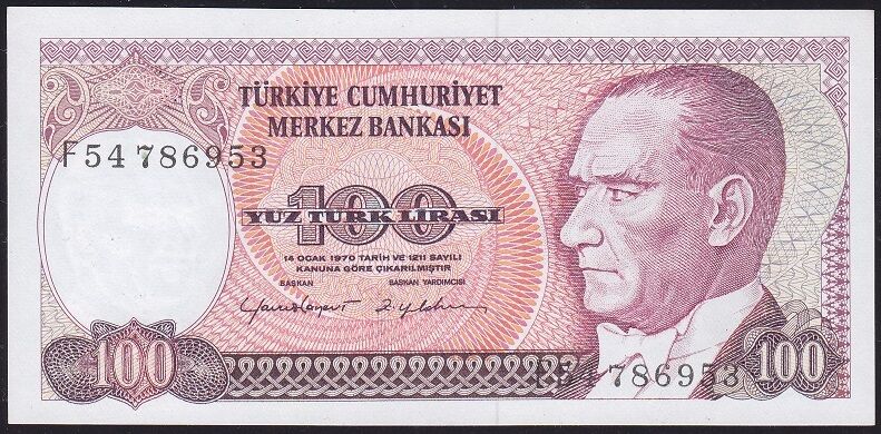 7.Emisyon 2.Tertip 100 Lira F54 786953 Çilaltı ( Bombe var )