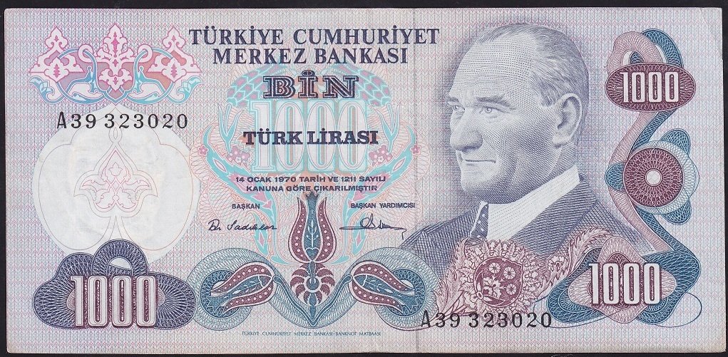 6.Emisyon 1.Tertip 1000 Lira A39 323020 Çok Temiz+