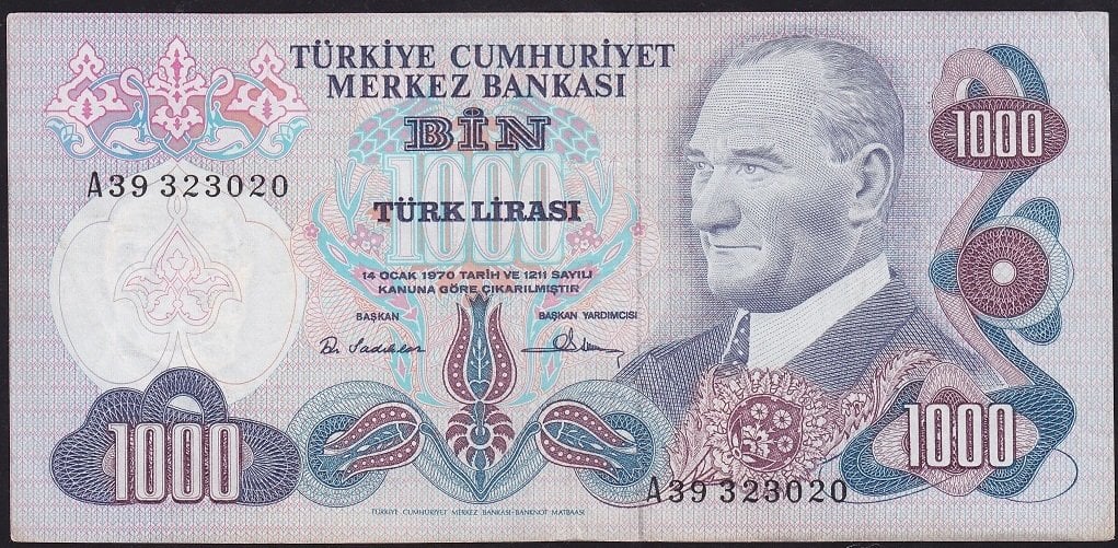 6.Emisyon 1.Tertip 1000 Lira A39 323020 Çok Temiz+