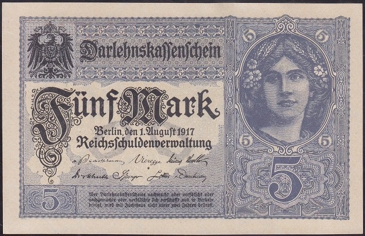 Almanya 5 Mark 1917 Çilaltı Çil 8 rakamlı ( R54c ) Z serisi