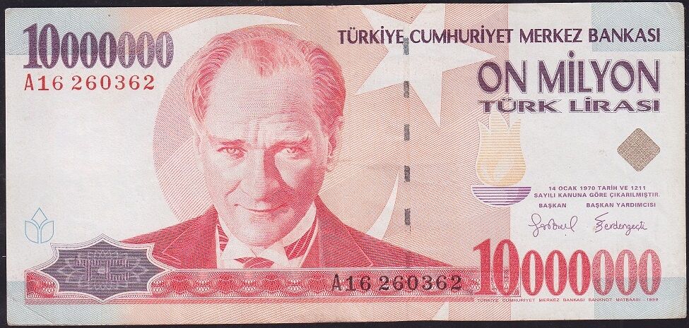 7.Emisyon 10000000 Lira A16 260362 Çok Temiz+