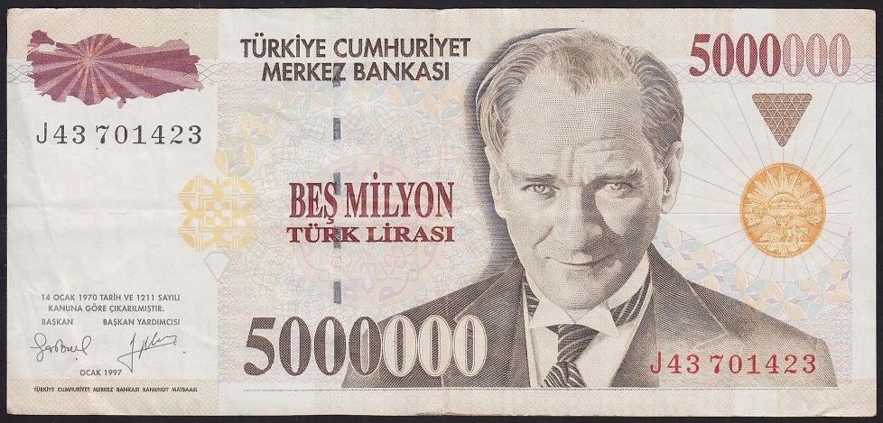 7.Emisyon 5 000 000 Lira J43 701423 Çok Temiz+