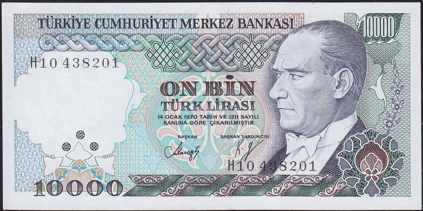 7.Emisyon 3.Tertip 10000 Lira H10 438201 Çilaltı (Ortada bombe var)