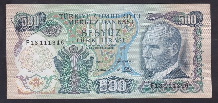 6.Emisyon 2.Tertip 500 Lira F13 111346 Çok Çok Temiz ( Düzlenmiş )