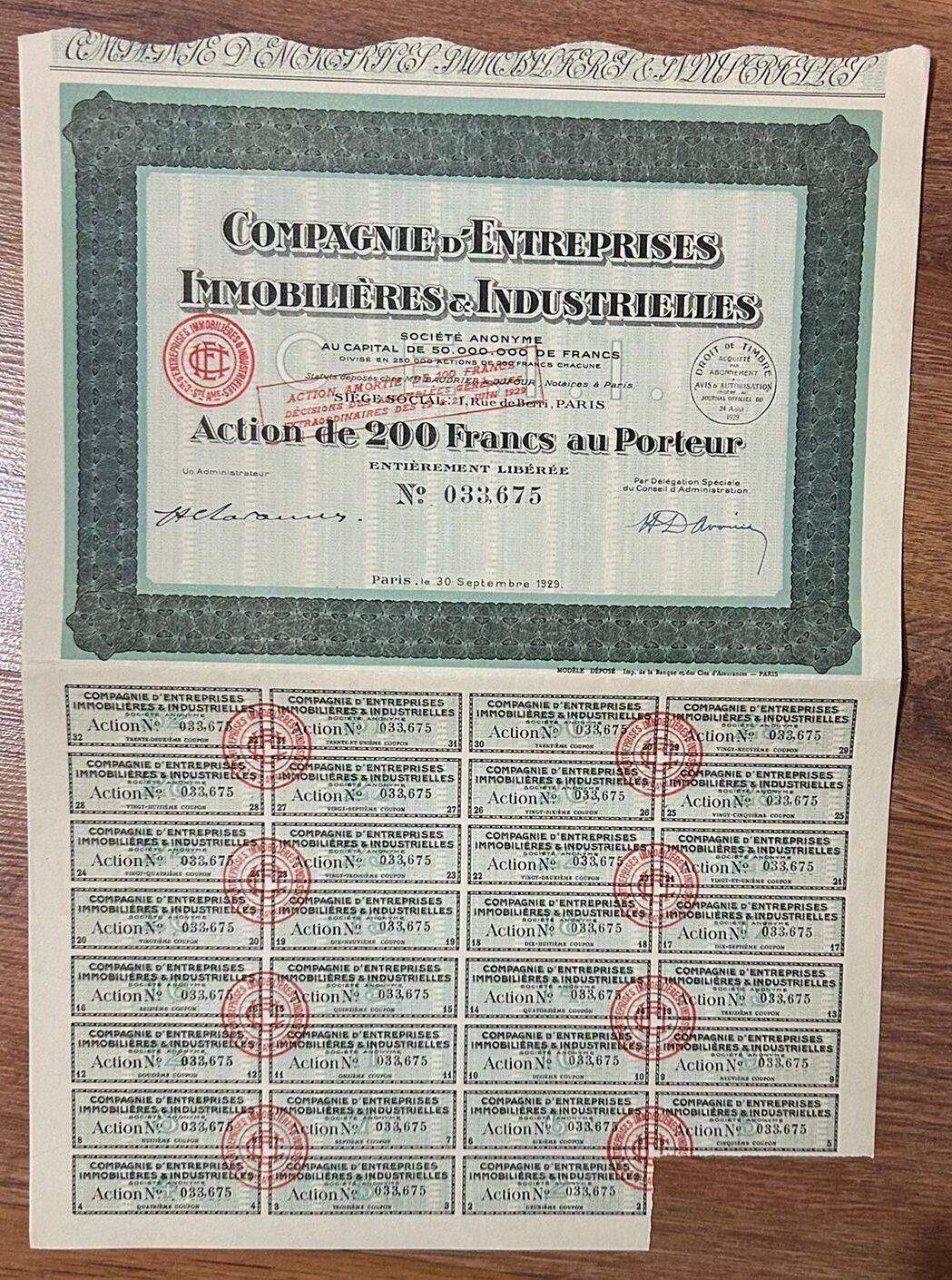 Hisse Senedi - ENTREPRISES 1929 ( 43 X 31 cm )