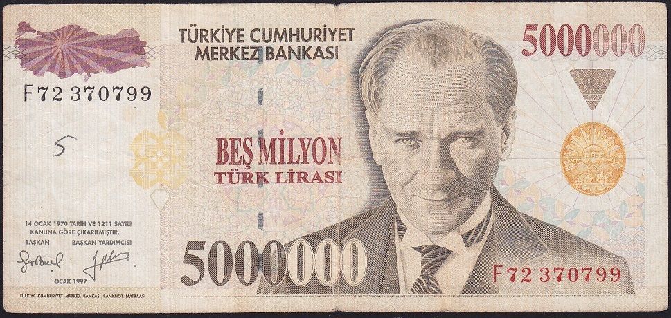 7.Emisyon 5 000 000 Lira F72 370799 Çok Temiz
