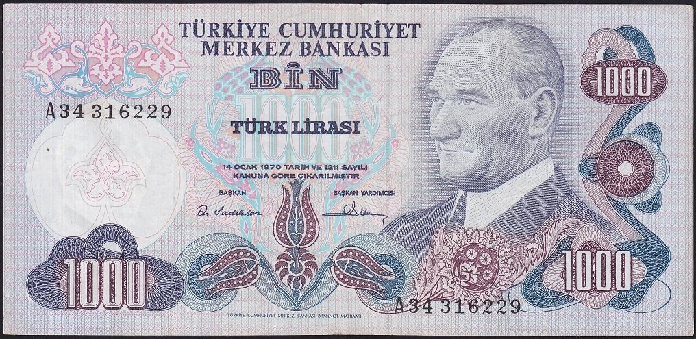 6.Emisyon 1.Tertip 1000 Lira A34 316229 Çok Temiz+