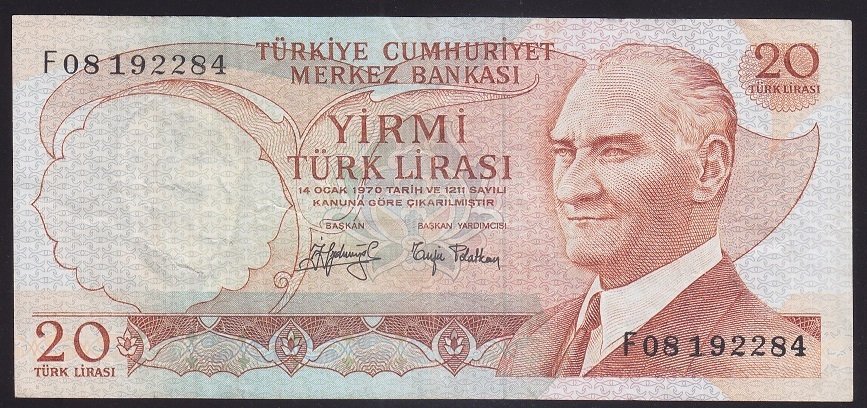 6.EMİSYON 3.TERTİP 20 LİRA F08 192284 ÇOK TEMİZ eski para alan yerler