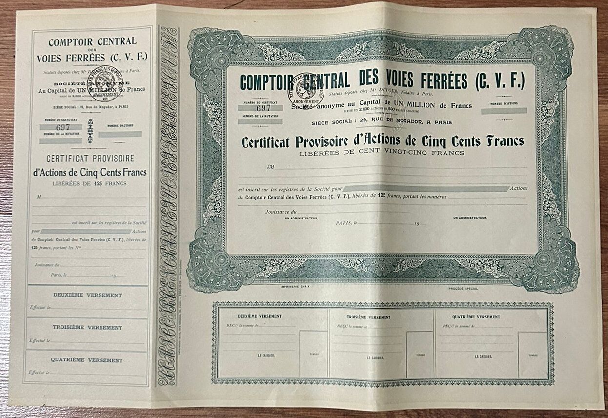 Hisse Senedi - Comptoir Central Des Vois Ferrees 1920 li Yıllar ( 48 X 32 cm )