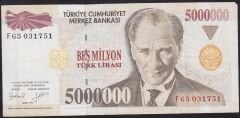 7.Emisyon 5000000 Lira F65 031751 Çok Temiz+