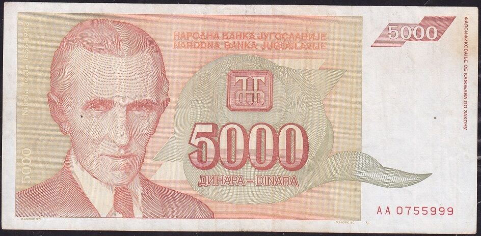 Yugoslavya 5000 Dinar 1993 Çok Temiz