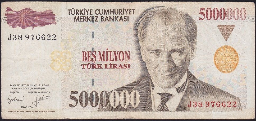 7.Emisyon 5 000 000 Lira J38 976622 Çok Temiz