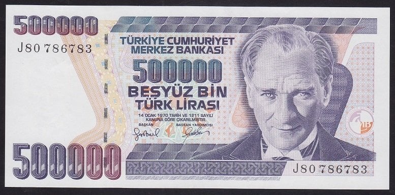 7.EMİSYON 4.TERTİP 500000 LİRA J80 786783 ÇİL (kulakta sayma kırığı var)