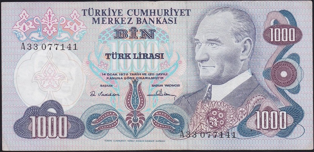 6.Emisyon 1.Tertip 1000 Lira A33 077141 Çok Temiz+