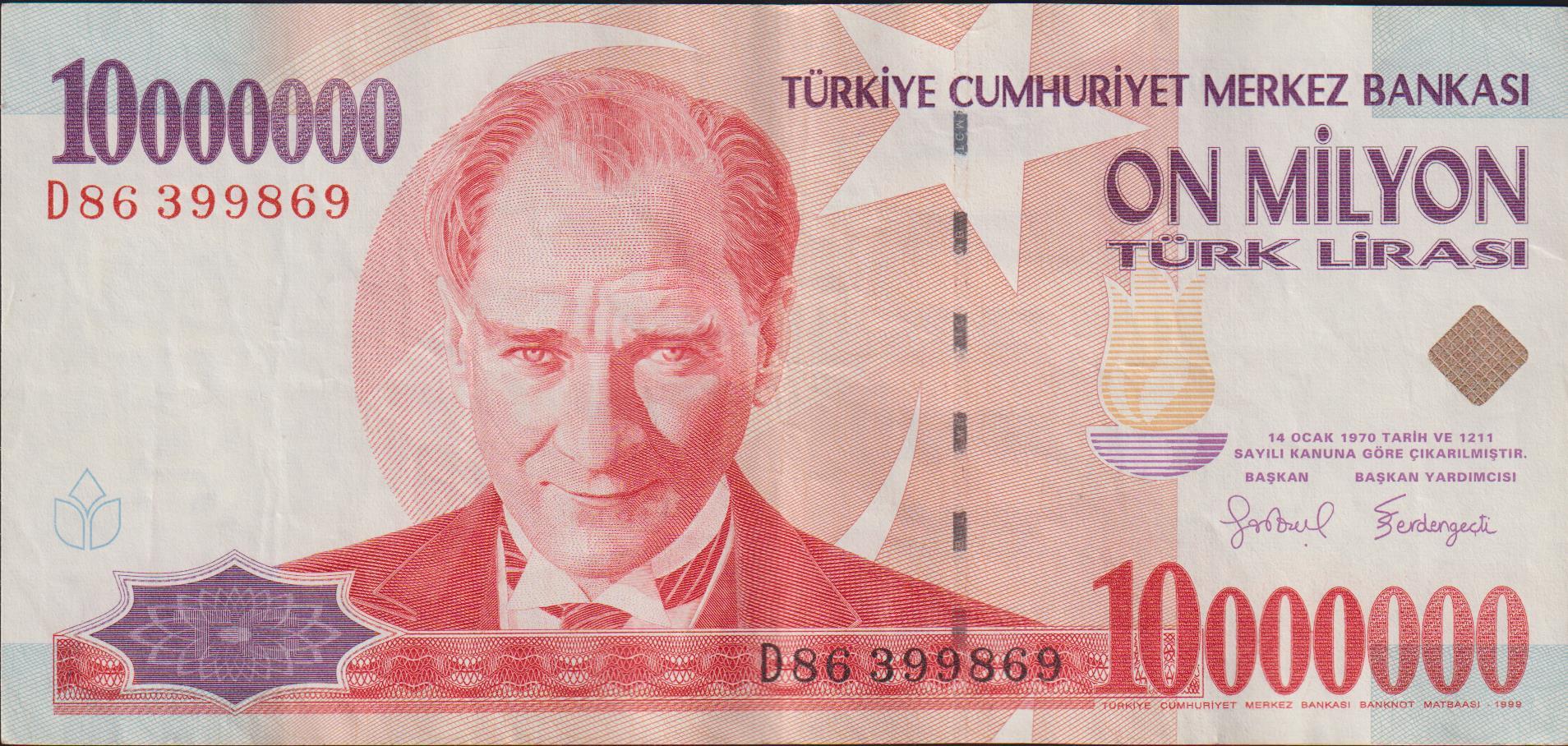 7.Emisyon 10 000 000 Lira D86 399869 Çok Temiz+