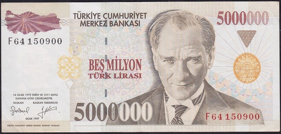 7.Emisyon 5000000 Lira F64 150900 Çok Temiz+