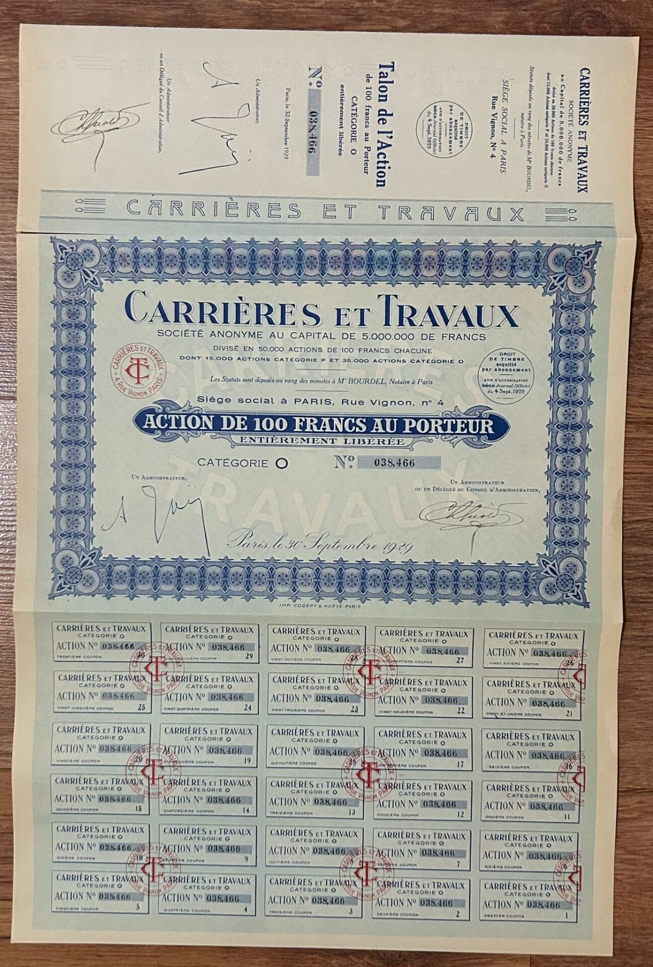 Hisse Senedi - CARTİERES ET TRAVAUX 1929 ( 47 X 32 cm )