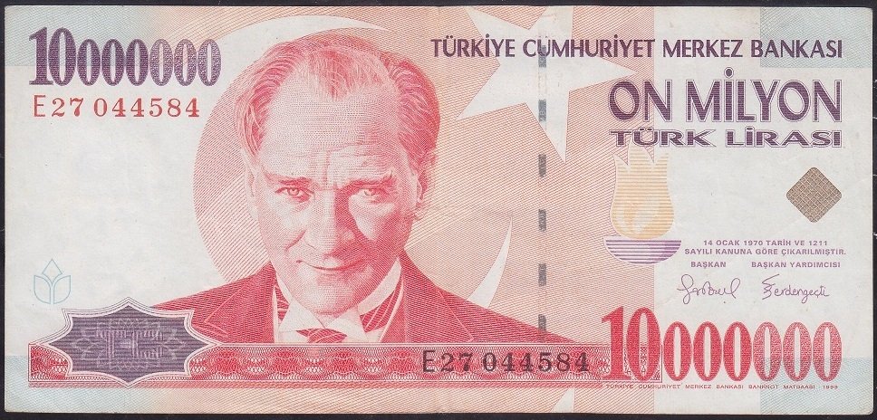 7.Emisyon 10 000 000 Lira E27 044584 Çok Temiz +