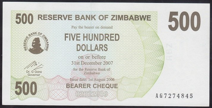 Zimbabwe 500 Dolar 2007 ÇİL Pick 43