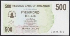 Zimbabwe 500 Dolar 2007 ÇİL Pick 43