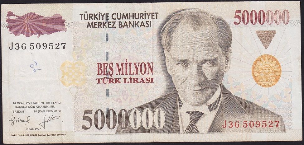 7.Emisyon 5 000 000 Lira J36 509527 Çok Temiz