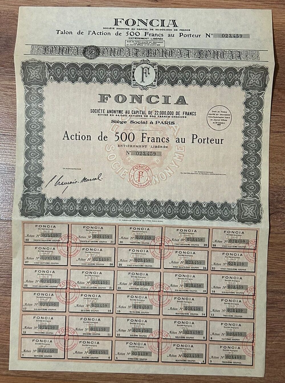 Hisse Senedi - FONCIA 1929 ( 46 X 32 cm )