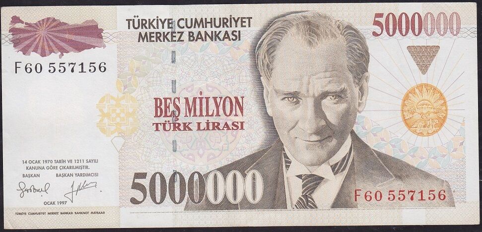 7.Emisyon 5000000 Lira F60 557156 Çok Temiz+