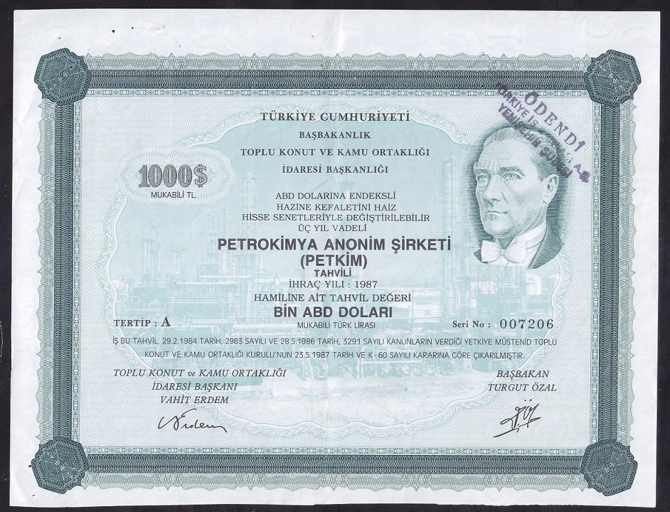 Petkim Hisse Senedi 1000 Dolar