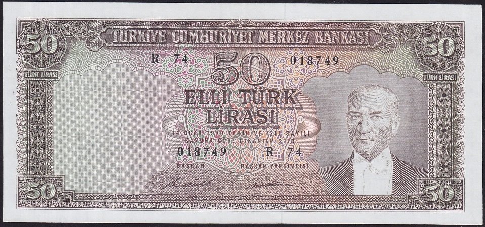 5.Emisyon 7.Tertip 50 Lira R74 018749 Çilaltı ( Kısmi düzeltme var )
