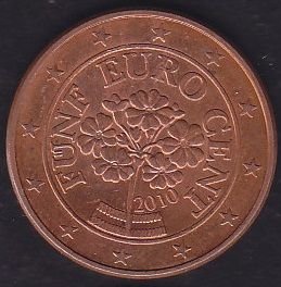 Avrupa 5 Euro Cent 2010 Avusturya