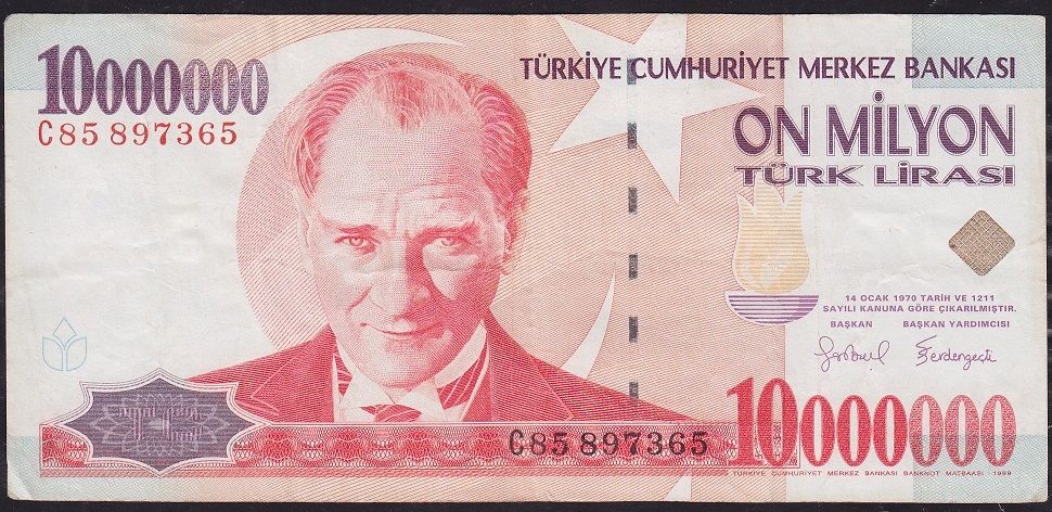 7.Emisyon 10 000 000 Lira C85 897365 Çok Temiz+