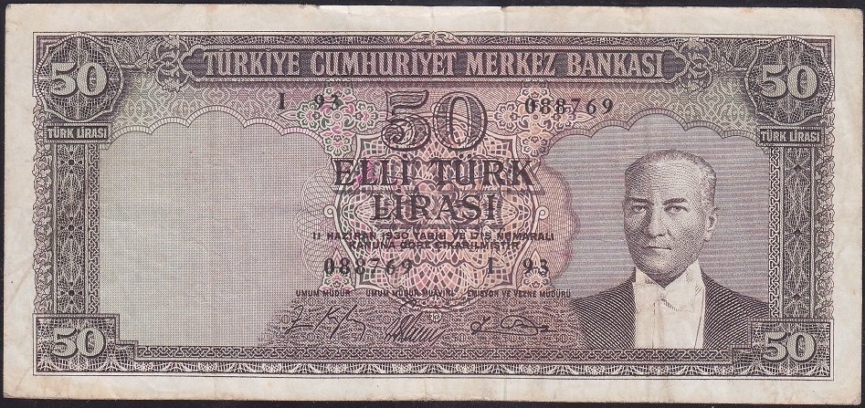 5.EMİSYON 6.TERTİP 50 LİRA I93 088769 ÇOK TEMİZ