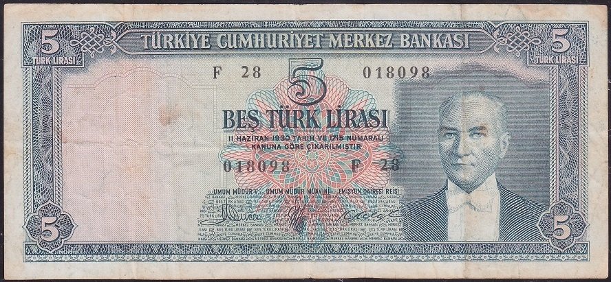 5.Emisyon 3.Tertip 5 Lira F28 018098 Çok Temiz