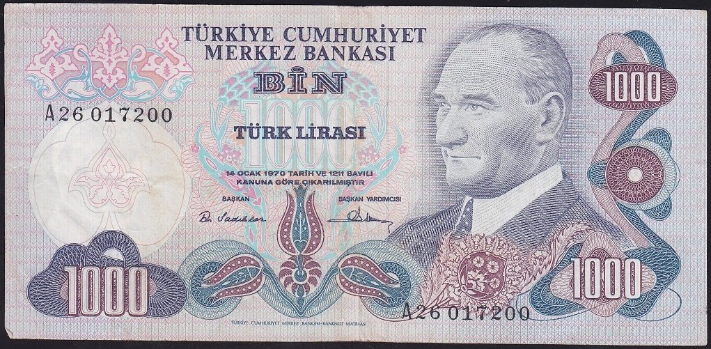 6.Emisyon 1.Tertip 1000 Lira A26 017200 Çok Temiz+
