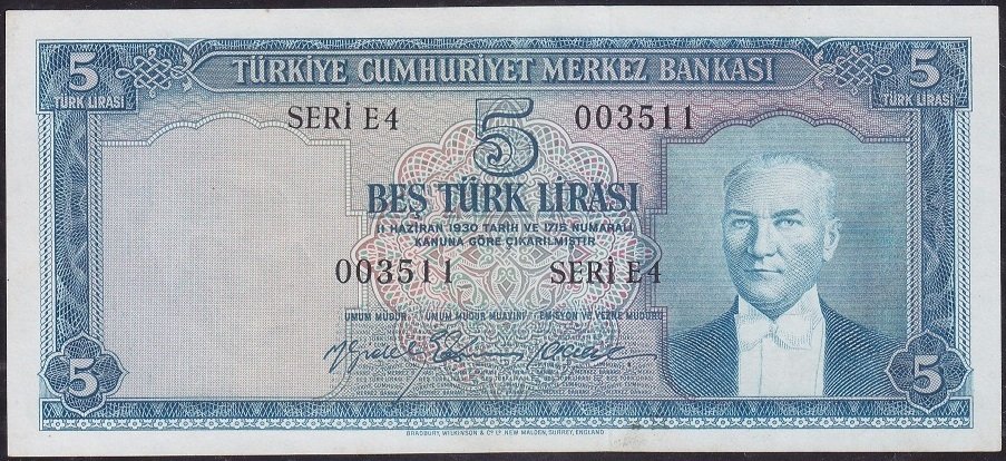 5.Emisyon 2.Tertip 5 Lira E4 003511 Çok Çok Temiz + ( Düzlenmiş)
