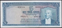 5.Emisyon 2.Tertip 5 Lira E4 003511 Çok Çok Temiz + ( Düzlenmiş)
