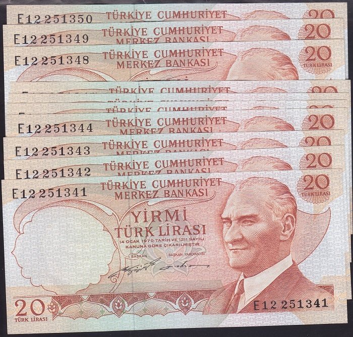 6.EMİSYON 2.TERTİP 20 LİRA E12 251341 - 350 ÇİLALTI ÇİL SERİ TAKİPLİ 10 ADET