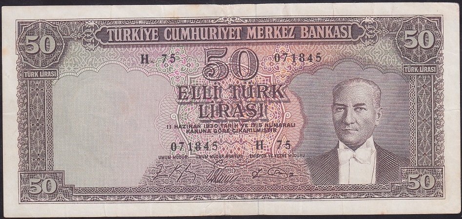 5.EMİSYON 6.TERTİP 50 LİRA H75 071845 ÇOK TEMİZ + eski para