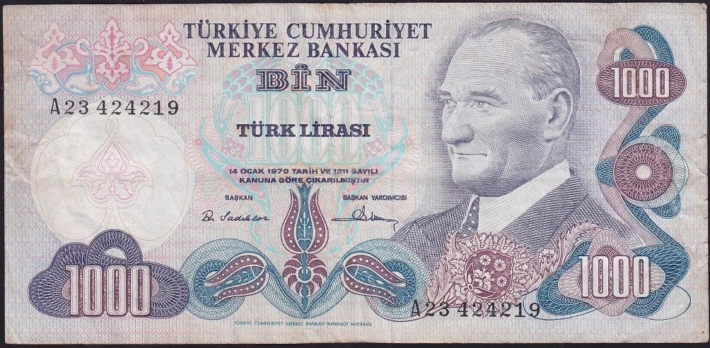 6.Emisyon 1.Tertip 1000 Lira A23 424219 Çok Temiz