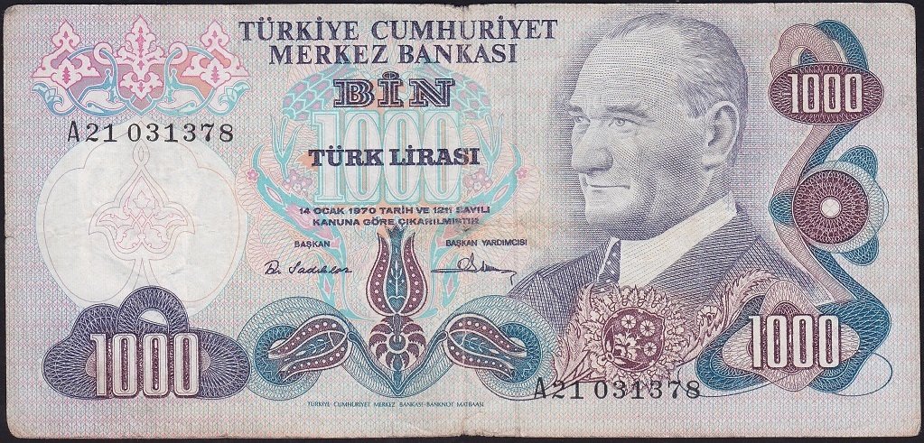 6.Emisyon 1.Tertip 1000 Lira A21 031378 Temiz