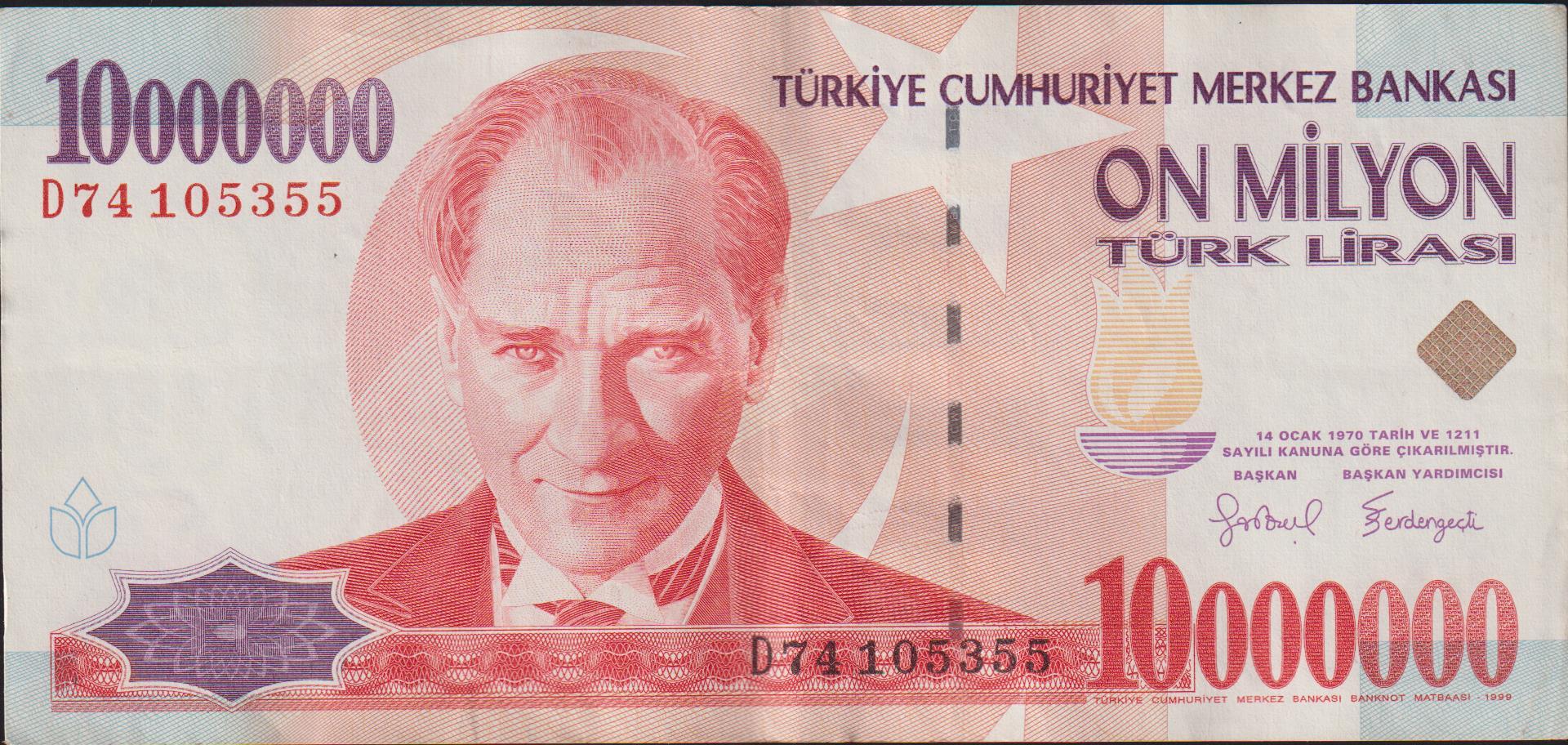 7.Emisyon 10 000 000 Lira D74 105355 Çok Temiz+